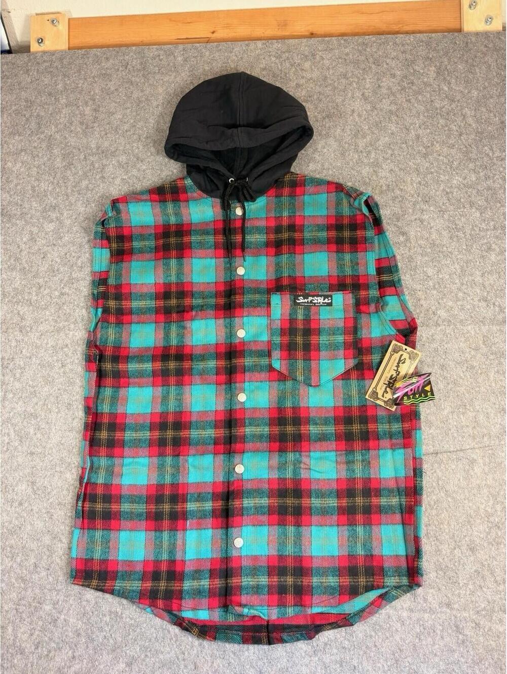 Vintage Surf Style 90s Plaid Flannel Snap Button Sleeveless Hoodie USA L